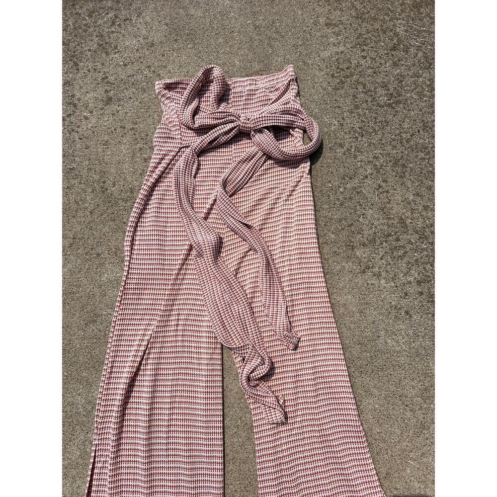 Endless Blu Plaid Jumpsuit S Wide Leg Sleeveless Tie Waist Red White Casual Boho - Picture 5 of 5